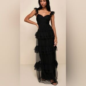 Lulus Pure Radiance Black Mesh Swiss Dot Tiered Maxi Dress – XS